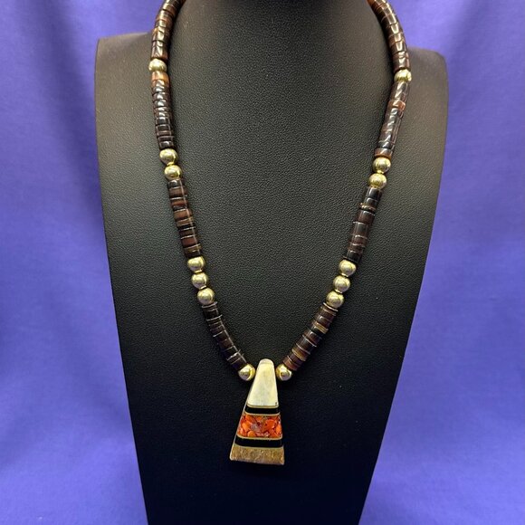 VTG Native American Intarsia Inlay Heishi Pendant Necklace - Picture 3 of 13